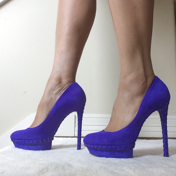 B Brian Atwood Fontanne Purple Ultra Violet Suede and Snake Print Leather Heels - Picture 3 of 13